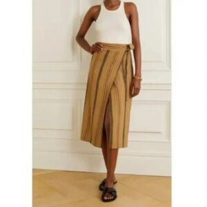 Worthington Linen Blend Midi Wrap Skirt Striped Brown Yellow Slit Size 6